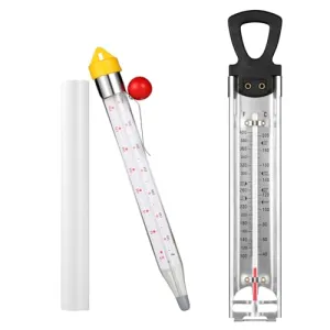 2Pcs Candy Thermometer with Pot Clip, Stainless Steel Deep Fry Oil Thermometer with Hanging Hook Instant Read Glass Cooking Oil Candy Fry Jam Sugar Syrup Jelly Food Thermometer for Food