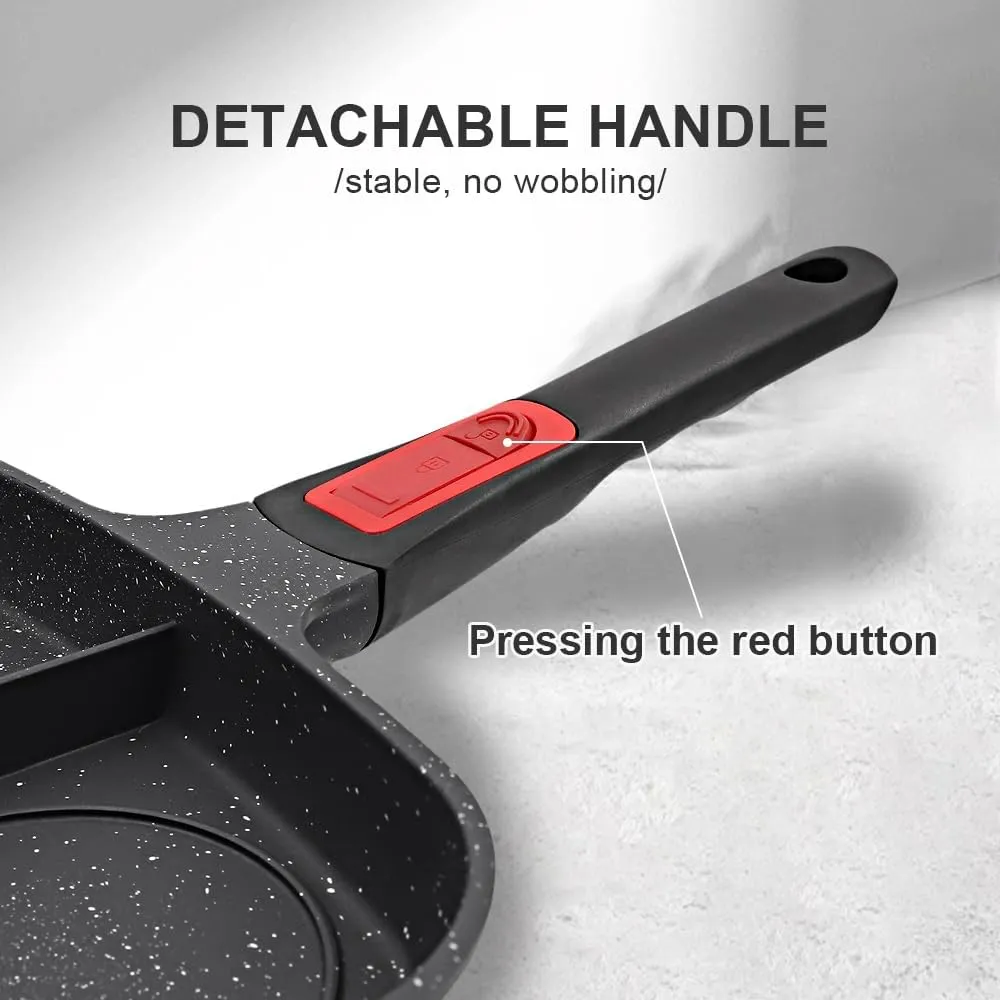 3 in 1 Grill Pan for Stove Tops with Detachable Handle, Nonstick Versatile Griddle Divided Pan, Square Skillet PFOA Free, Black