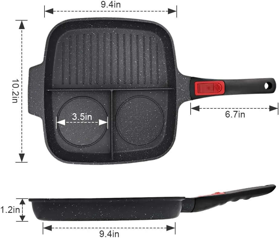 3 in 1 Grill Pan for Stove Tops with Detachable Handle, Nonstick Versatile Griddle Divided Pan, Square Skillet PFOA Free, Black