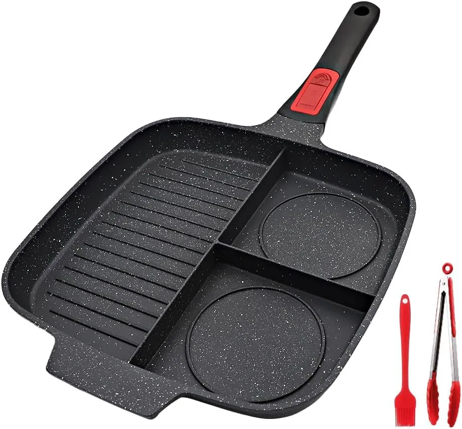 3 in 1 Grill Pan for Stove Tops with Detachable Handle, Nonstick Versatile Griddle Divided Pan, Square Skillet PFOA Free, Black