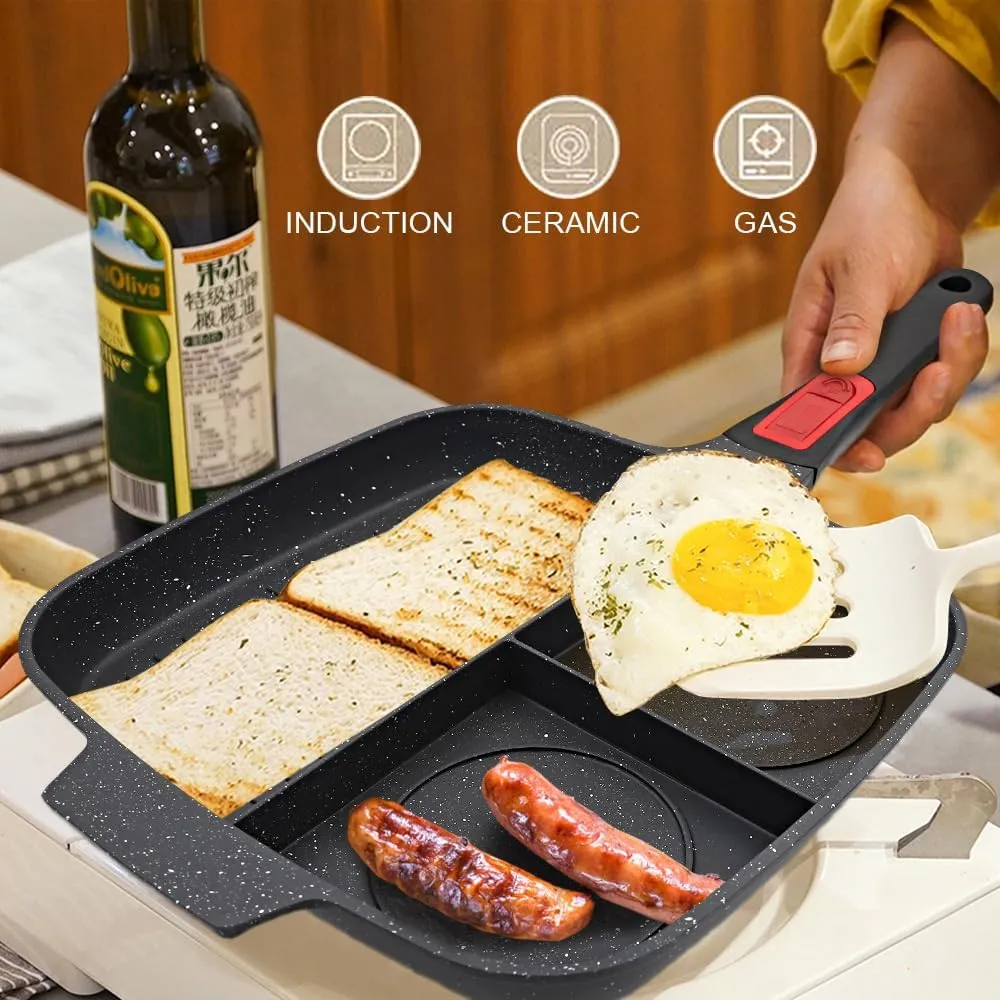 3 in 1 Grill Pan for Stove Tops with Detachable Handle, Nonstick Versatile Griddle Divided Pan, Square Skillet PFOA Free, Black