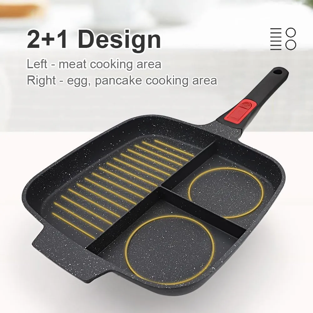3 in 1 Grill Pan for Stove Tops with Detachable Handle, Nonstick Versatile Griddle Divided Pan, Square Skillet PFOA Free, Black