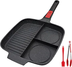 3 in 1 Grill Pan for Stove Tops with Detachable Handle, Nonstick Versatile Griddle Divided Pan, Square Skillet PFOA Free, Black