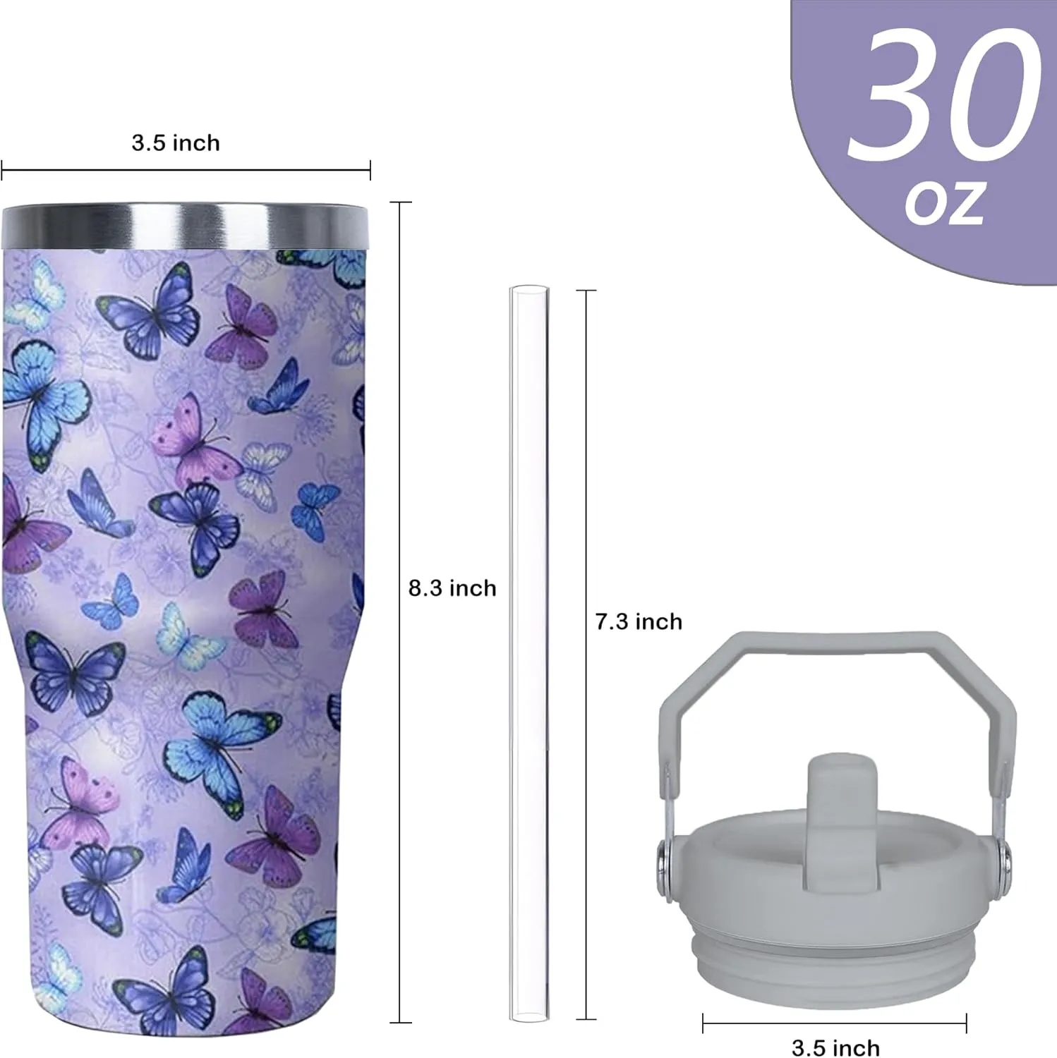 30 oz Purple Butterfly Tumbler with Handle and Filp Straw, Stainless Steel Cup with Lid and Straw, Travel Coffee Mug Insulated Water Bottle,Christmas Birthday Mothers Day Gifts for Women Animal Lovers