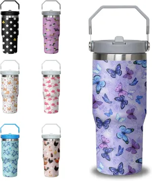 30 oz Purple Butterfly Tumbler with Handle and Filp Straw, Stainless Steel Cup with Lid and Straw, Travel Coffee Mug Insulated Water Bottle,Christmas Birthday Mothers Day Gifts for Women Animal Lovers