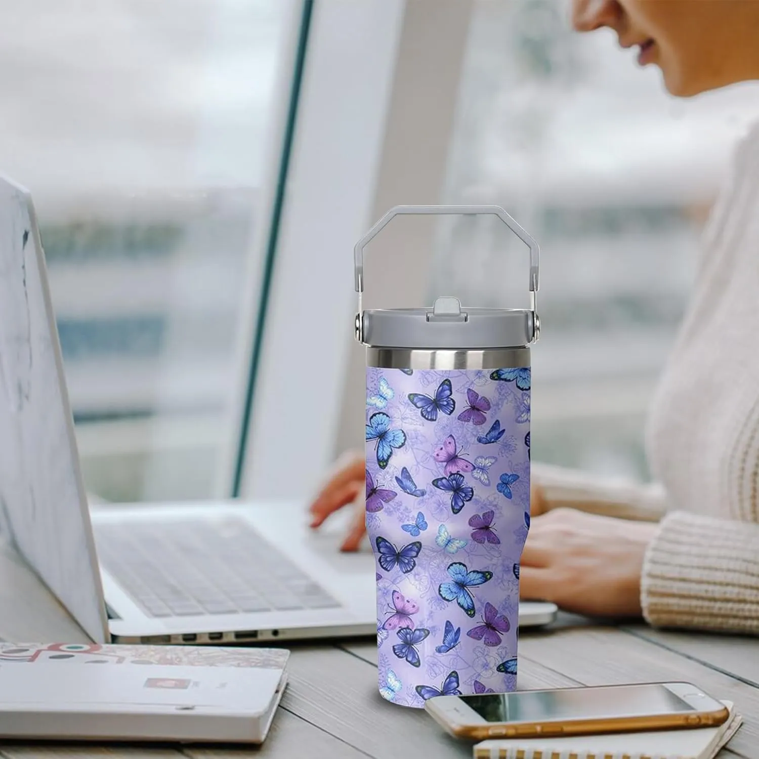 30 oz Purple Butterfly Tumbler with Handle and Filp Straw, Stainless Steel Cup with Lid and Straw, Travel Coffee Mug Insulated Water Bottle,Christmas Birthday Mothers Day Gifts for Women Animal Lovers
