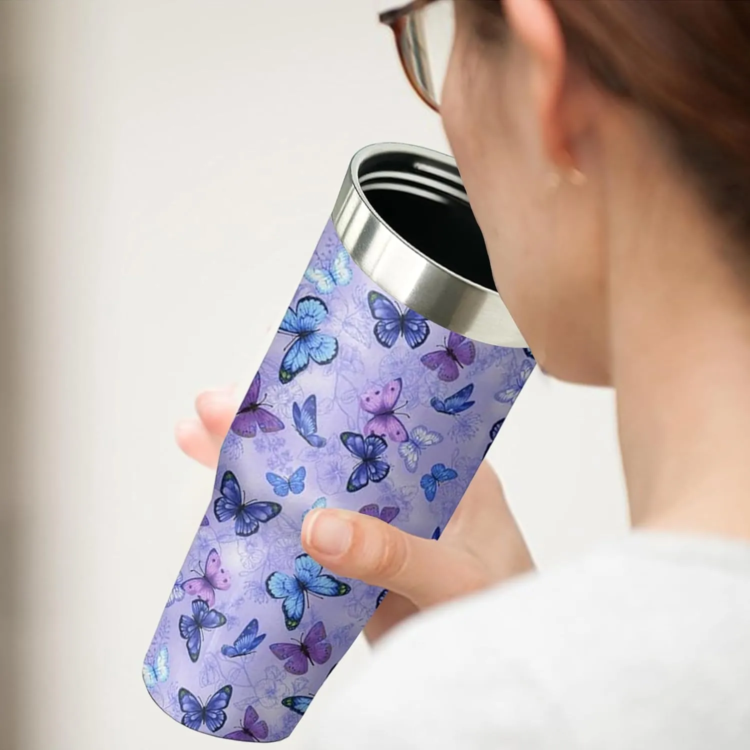 30 oz Purple Butterfly Tumbler with Handle and Filp Straw, Stainless Steel Cup with Lid and Straw, Travel Coffee Mug Insulated Water Bottle,Christmas Birthday Mothers Day Gifts for Women Animal Lovers