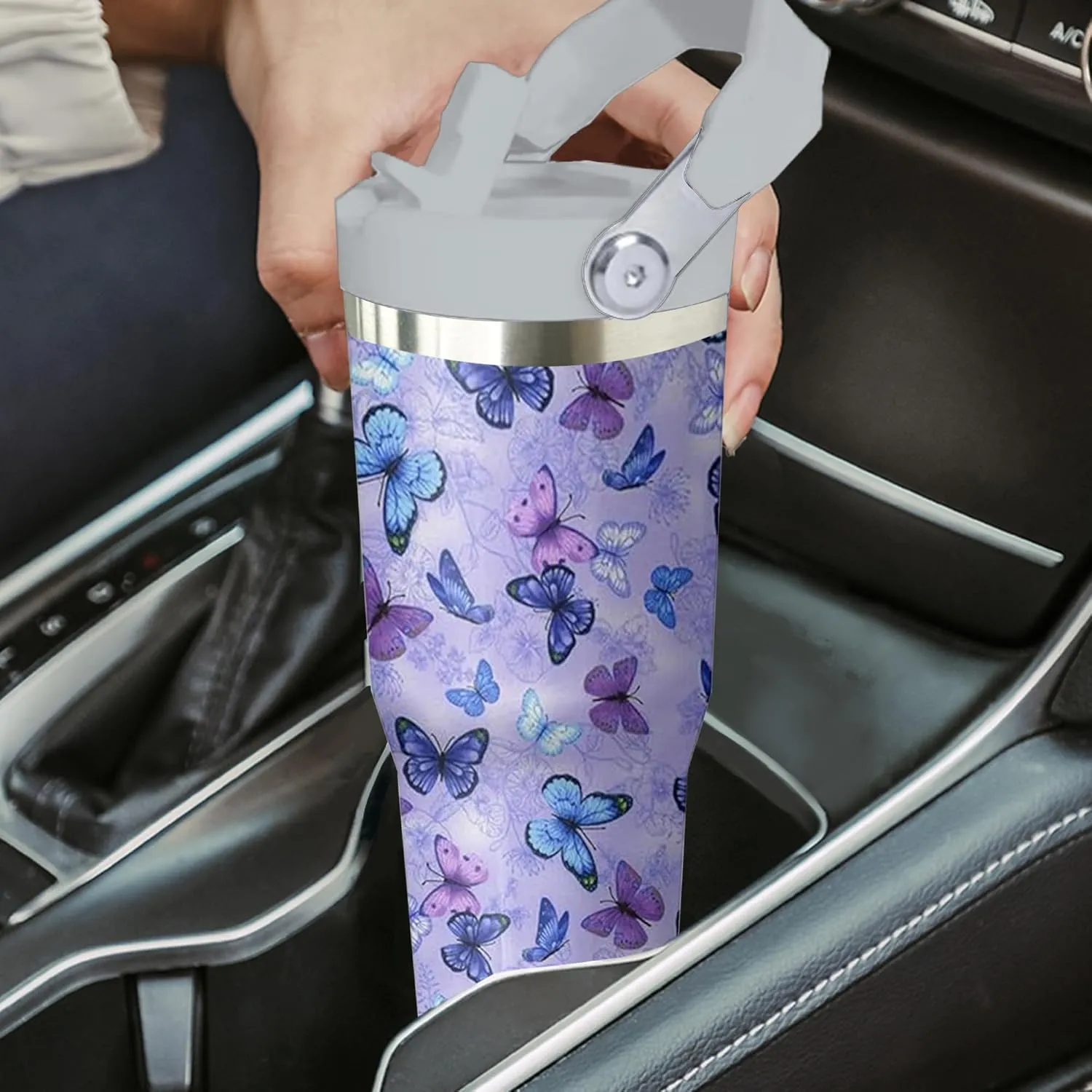 30 oz Purple Butterfly Tumbler with Handle and Filp Straw, Stainless Steel Cup with Lid and Straw, Travel Coffee Mug Insulated Water Bottle,Christmas Birthday Mothers Day Gifts for Women Animal Lovers