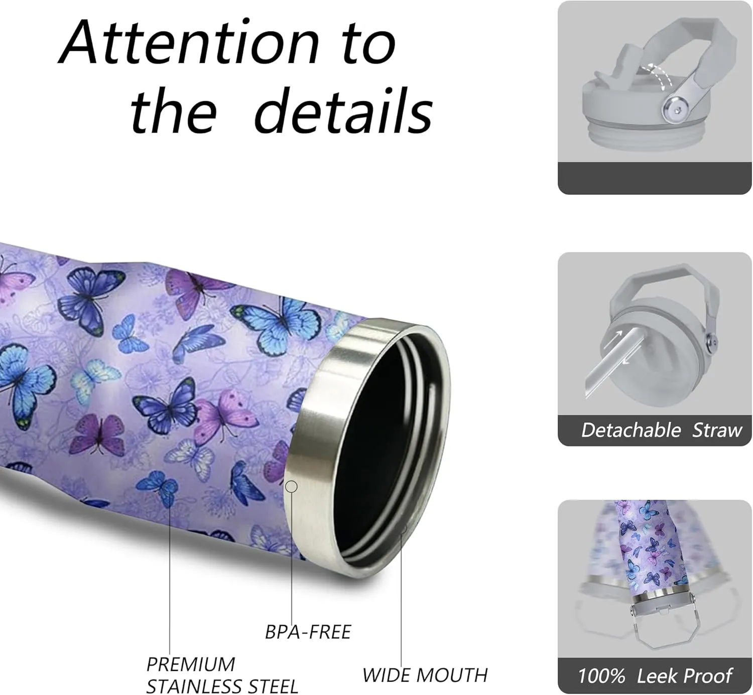 30 oz Purple Butterfly Tumbler with Handle and Filp Straw, Stainless Steel Cup with Lid and Straw, Travel Coffee Mug Insulated Water Bottle,Christmas Birthday Mothers Day Gifts for Women Animal Lovers