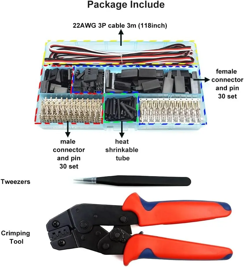 30 Sets Servo Connector Male Female Plug Crimp Pin Cable Kit Compatible with Futaba JR Hitec Spektrum RC Connectors (with Crimping Tool)