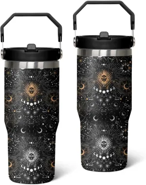 30oz Insulated Sun and Moon Tumbler with Handle, Featuring a Leak-proof 2-in-1 Lid and Straw, Vacuum-insulated Travel Coffee Mug, Portable Stainless Steel Water Bottle, Suitable for Both Women and Men