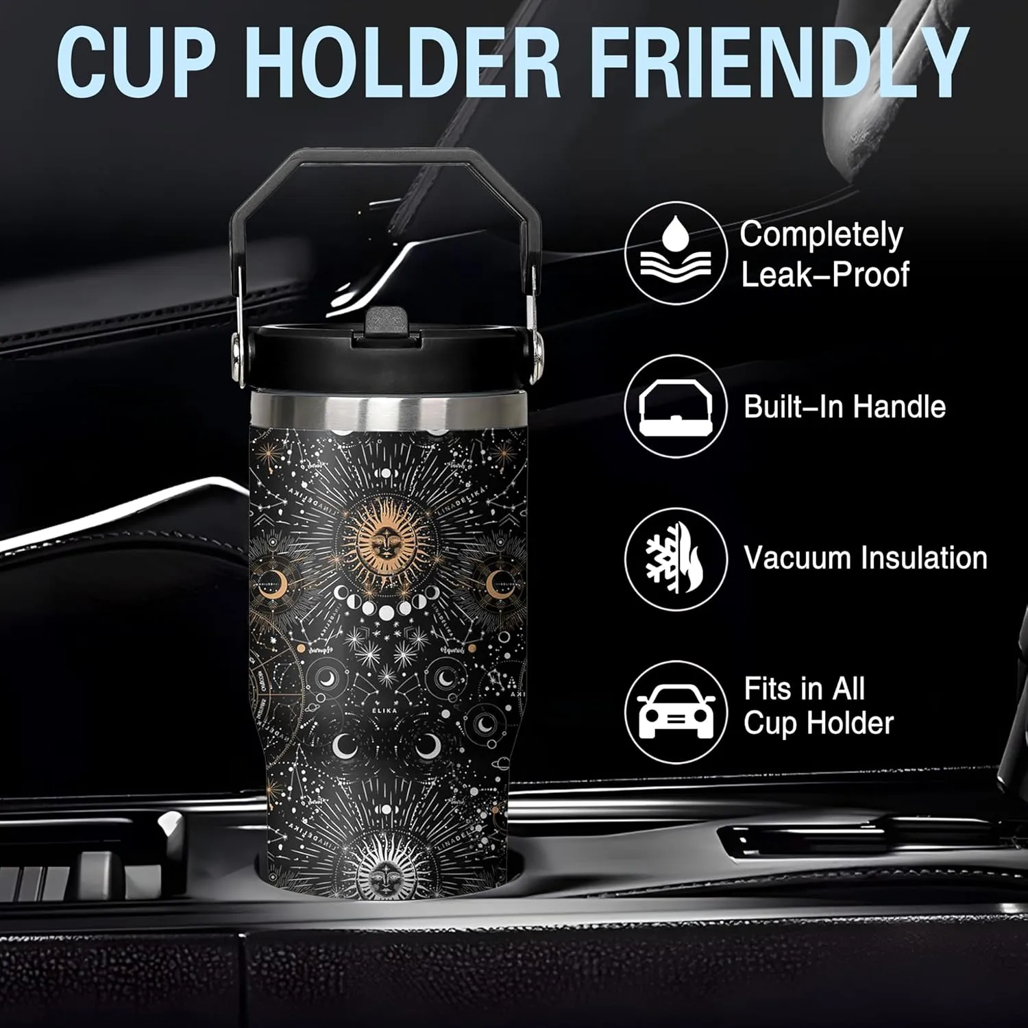 30oz Insulated Sun and Moon Tumbler with Handle, Featuring a Leak-proof 2-in-1 Lid and Straw, Vacuum-insulated Travel Coffee Mug, Portable Stainless Steel Water Bottle, Suitable for Both Women and Men