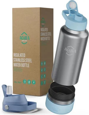 32oz（26 6） oz Insulated Water Bottle with straw and Hidden storage（6oz）, Stainless Steel Double Walled Vacuum Sports Water Bottle with 2 Lids for Gym Camping Hiking (Blue, 32oz)