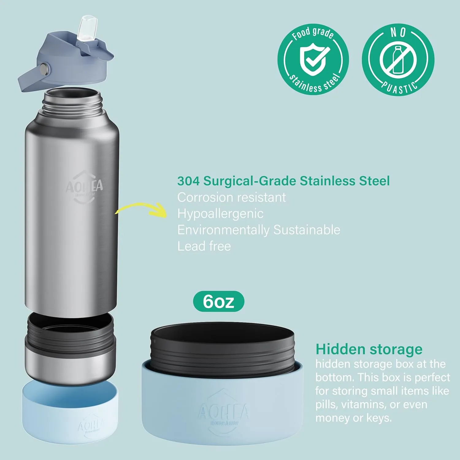 32oz（26 6） oz Insulated Water Bottle with straw and Hidden storage（6oz）, Stainless Steel Double Walled Vacuum Sports Water Bottle with 2 Lids for Gym Camping Hiking (Blue, 32oz)