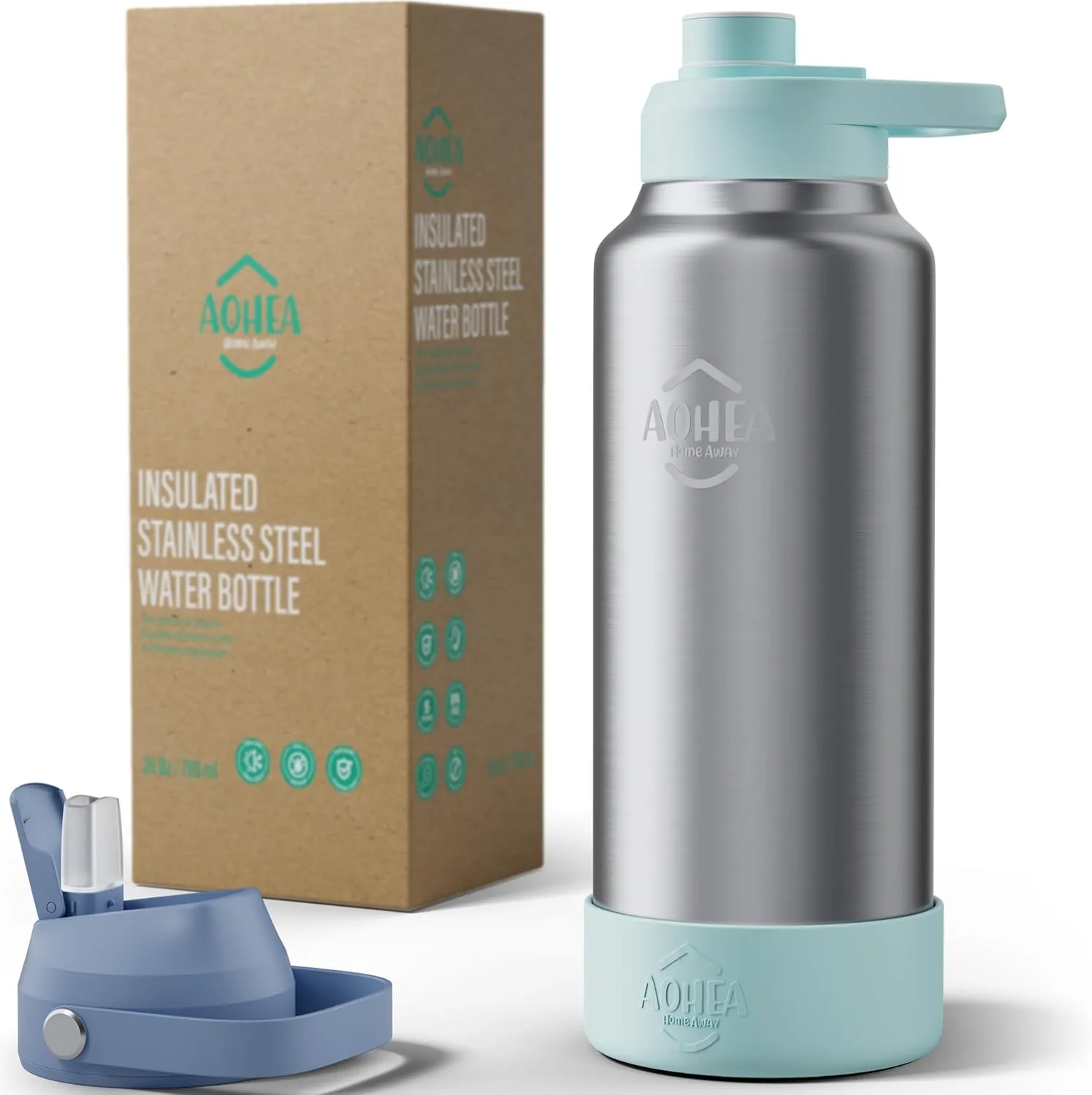 32oz（26 6） oz Insulated Water Bottle with straw and Hidden storage（6oz）, Stainless Steel Double Walled Vacuum Sports Water Bottle with 2 Lids for Gym Camping Hiking (Blue, 32oz)