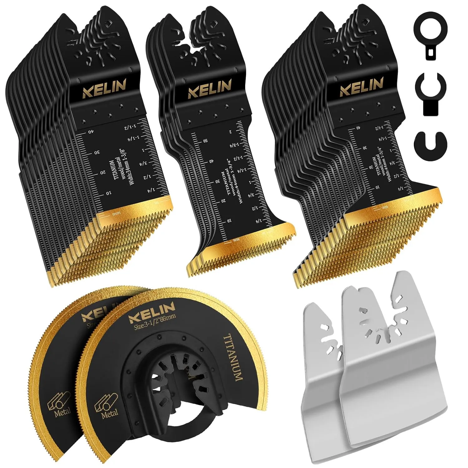 36 PCSTitanium Oscillating Tool Saw Blades with Stainless Steel Scraper and Semicircle Blades Kit, Universal Multi Tool Blades for Light Metal Sheet Pipe and Wood (NOT for Star Lock Interface)