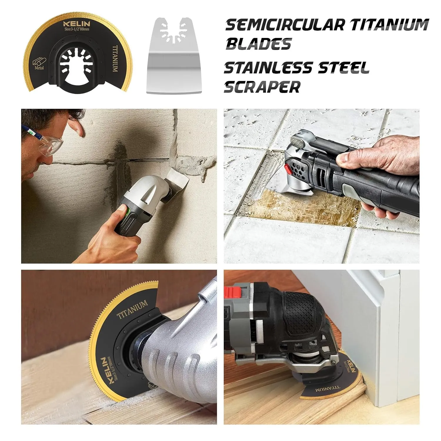 36 PCSTitanium Oscillating Tool Saw Blades with Stainless Steel Scraper and Semicircle Blades Kit, Universal Multi Tool Blades for Light Metal Sheet Pipe and Wood (NOT for Star Lock Interface)