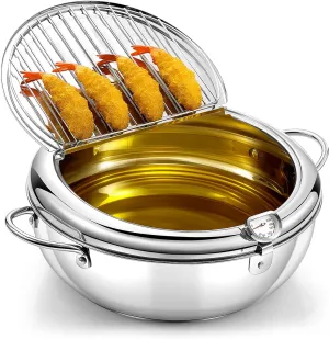 3.6 Qt (3.4 L) Deep Fryer Pot 304 Stainless Steel Tempura Frying Pot with Lid and Oil Drain Rack Japanese Deep Fryer Pan with Temperature Control for Kitchen French Fries, Chicken