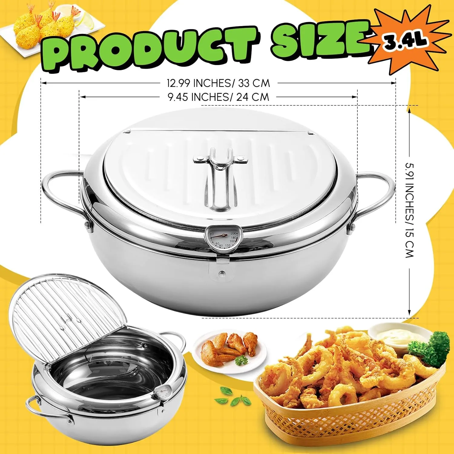 3.6 Qt (3.4 L) Deep Fryer Pot 304 Stainless Steel Tempura Frying Pot with Lid and Oil Drain Rack Japanese Deep Fryer Pan with Temperature Control for Kitchen French Fries, Chicken
