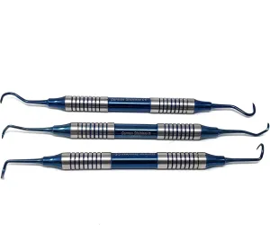 3pc Periodontal Dental Anterior Posterior Sickle Scalers 204S, H6/H7 Montana Jack, Stainless Steel Oral Hygiene Instrument Kit, Hollow Handle Blue Titanium Coated Double Ended Dental Instruments