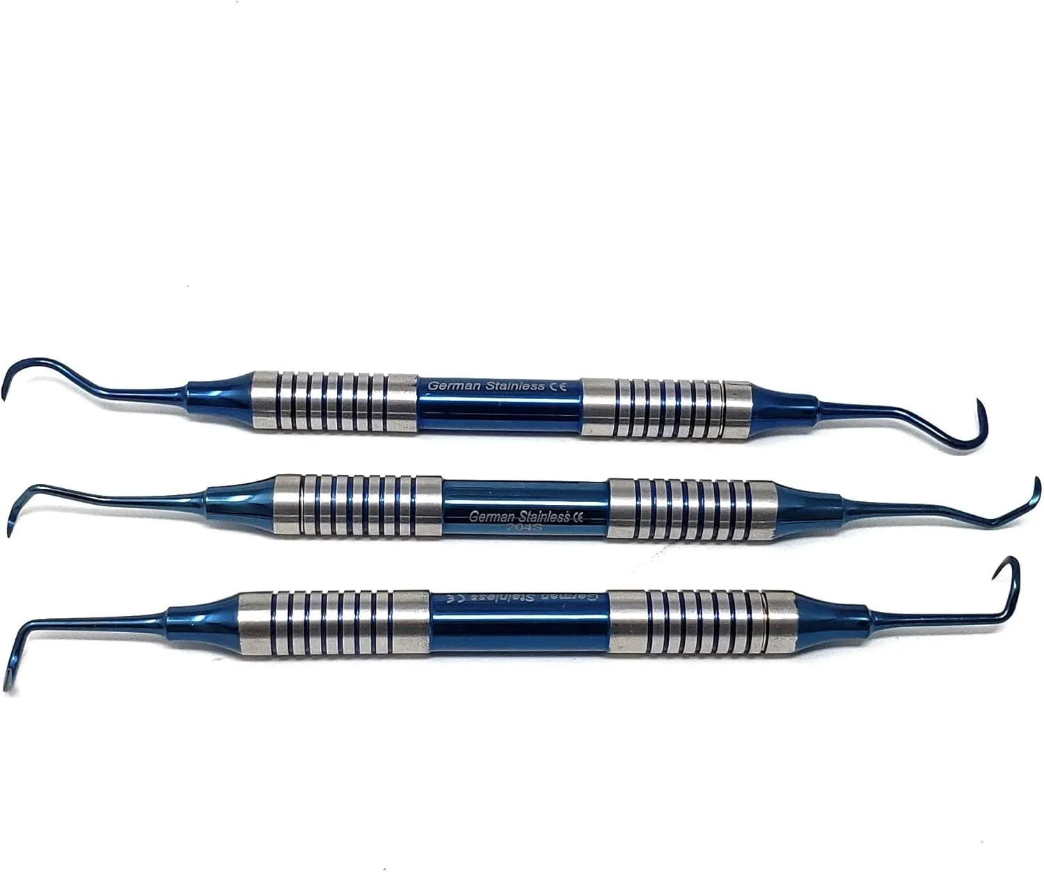 3pc Periodontal Dental Anterior Posterior Sickle Scalers 204S, H6/H7 Montana Jack, Stainless Steel Oral Hygiene Instrument Kit, Hollow Handle Blue Titanium Coated Double Ended Dental Instruments
