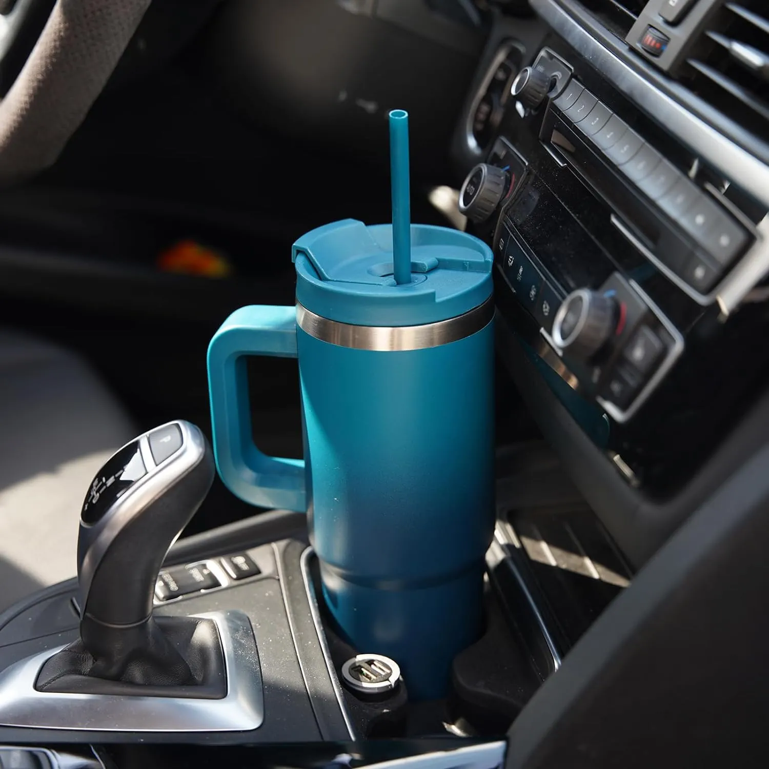 40 oz Tumbler with Handle and 2 Straws,2 in 1 Lid Insulated Water Bottle Stainless Steel Travel Coffee Mug,Black