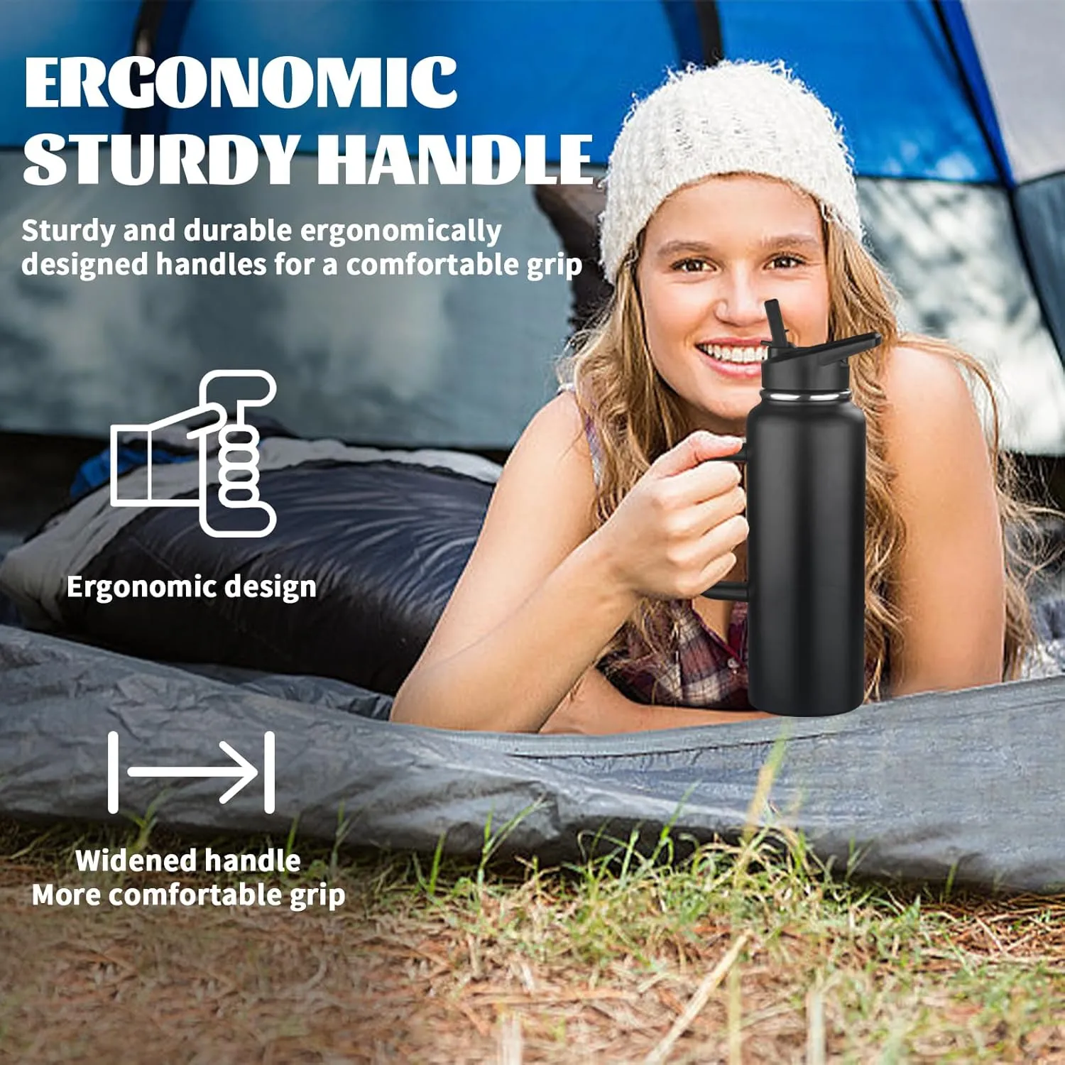 40oz Insulated Water Bottle with Handle, Stainless Steel Sports Metal Water Flask with Straw & 2 Leak Proof Lids, Double Walled Vacuum Wide Mouth Water Bottle for Travel, Camping, Gym Sports (Black)