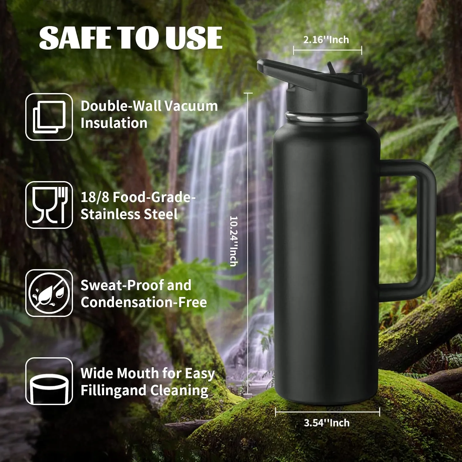 40oz Insulated Water Bottle with Handle, Stainless Steel Sports Metal Water Flask with Straw & 2 Leak Proof Lids, Double Walled Vacuum Wide Mouth Water Bottle for Travel, Camping, Gym Sports (Black)