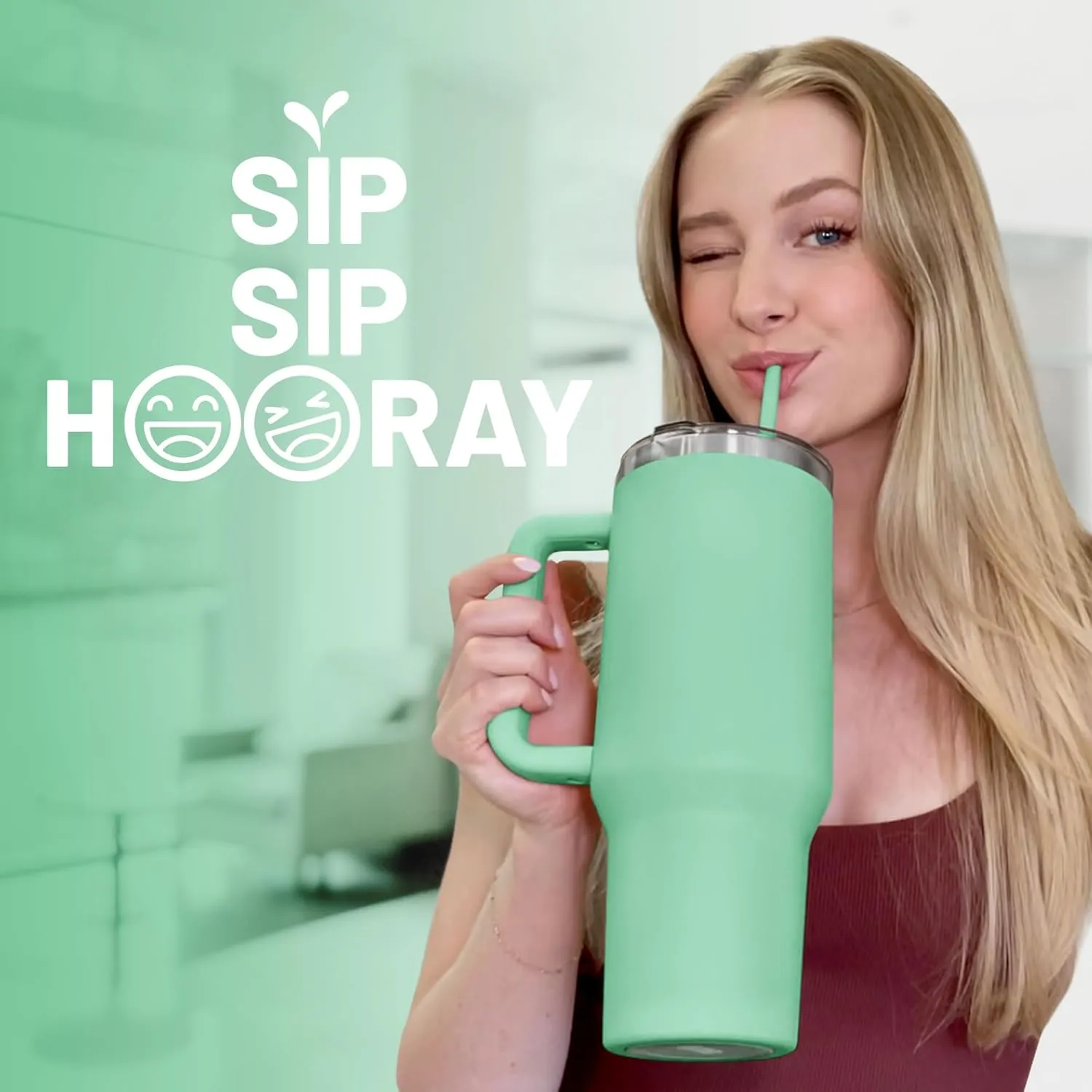 40oz Tumbler with Lid and Straw l Reusable Spill Proof Double Wall Insulated Stainless Steel Water Bottle Travel Mug l Cupholder Friendly Vacuum Sealed Tumbler with Handle (Seafoam)