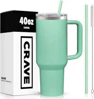 40oz Tumbler with Lid and Straw l Reusable Spill Proof Double Wall Insulated Stainless Steel Water Bottle Travel Mug l Cupholder Friendly Vacuum Sealed Tumbler with Handle (Seafoam)