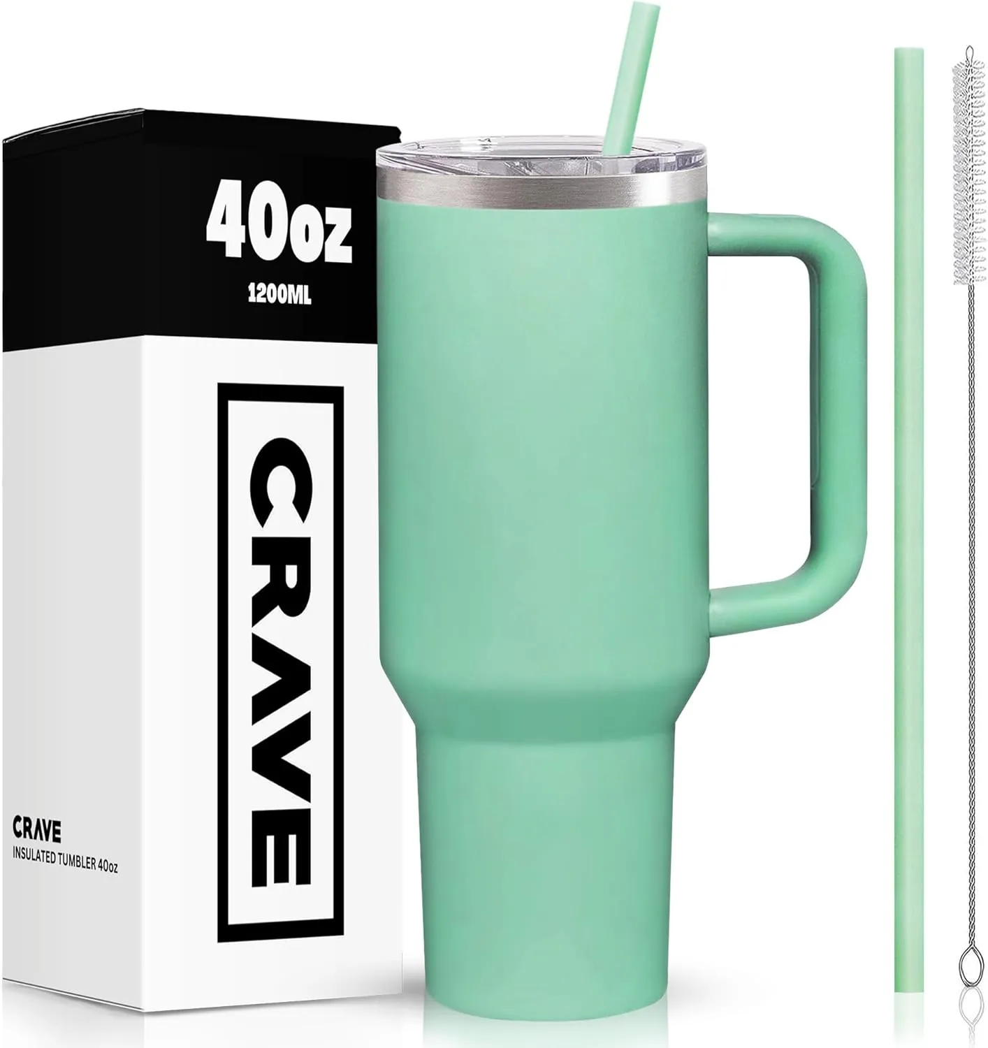 40oz Tumbler with Lid and Straw l Reusable Spill Proof Double Wall Insulated Stainless Steel Water Bottle Travel Mug l Cupholder Friendly Vacuum Sealed Tumbler with Handle (Seafoam)