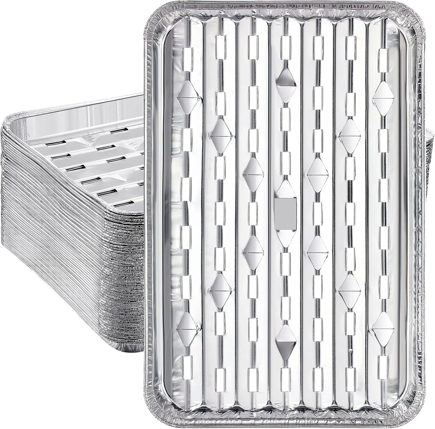 50 Pack Aluminum Grill Pans 9x13 Inch, Broiler Pans for Oven, Disposable Aluminum Grill Liners with Holes with Ribbed Bottom Surface for BBQ Foil Drip Roast Trays