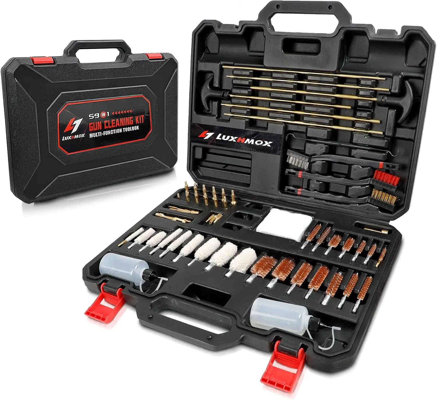 59-in-1 Universal Hunting Rifle Pistol Gun Cleaning Kit for All Shotguns - Carrying Case Including Cotton Mop, Bronze Brushes, Brass Jags, Brass Rods, Empty Oil Bottles (Black)