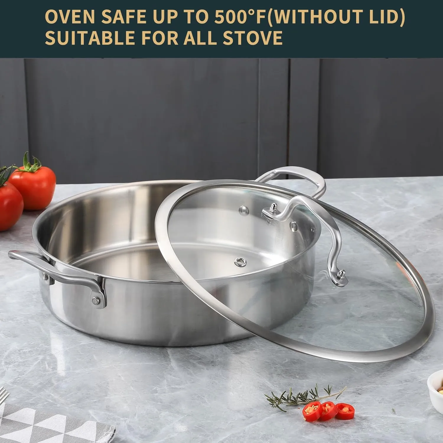 5QT Saute Pan with Lid, 3-Ply Frying pan with Lid large skillet with lid, 12inch Deep Fry Pan, Healthy 18/10 Frying Pan Stainless Steel, Oven & Dishwasher Safe