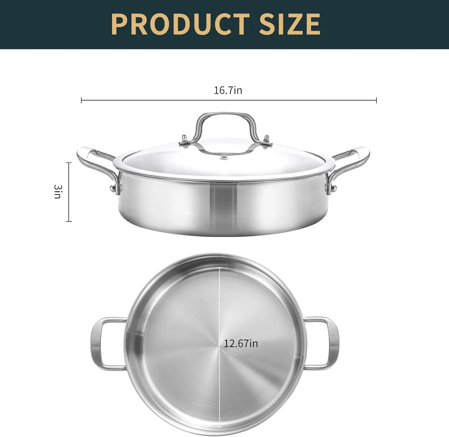 5QT Saute Pan with Lid, 3-Ply Frying pan with Lid large skillet with lid, 12inch Deep Fry Pan, Healthy 18/10 Frying Pan Stainless Steel, Oven & Dishwasher Safe