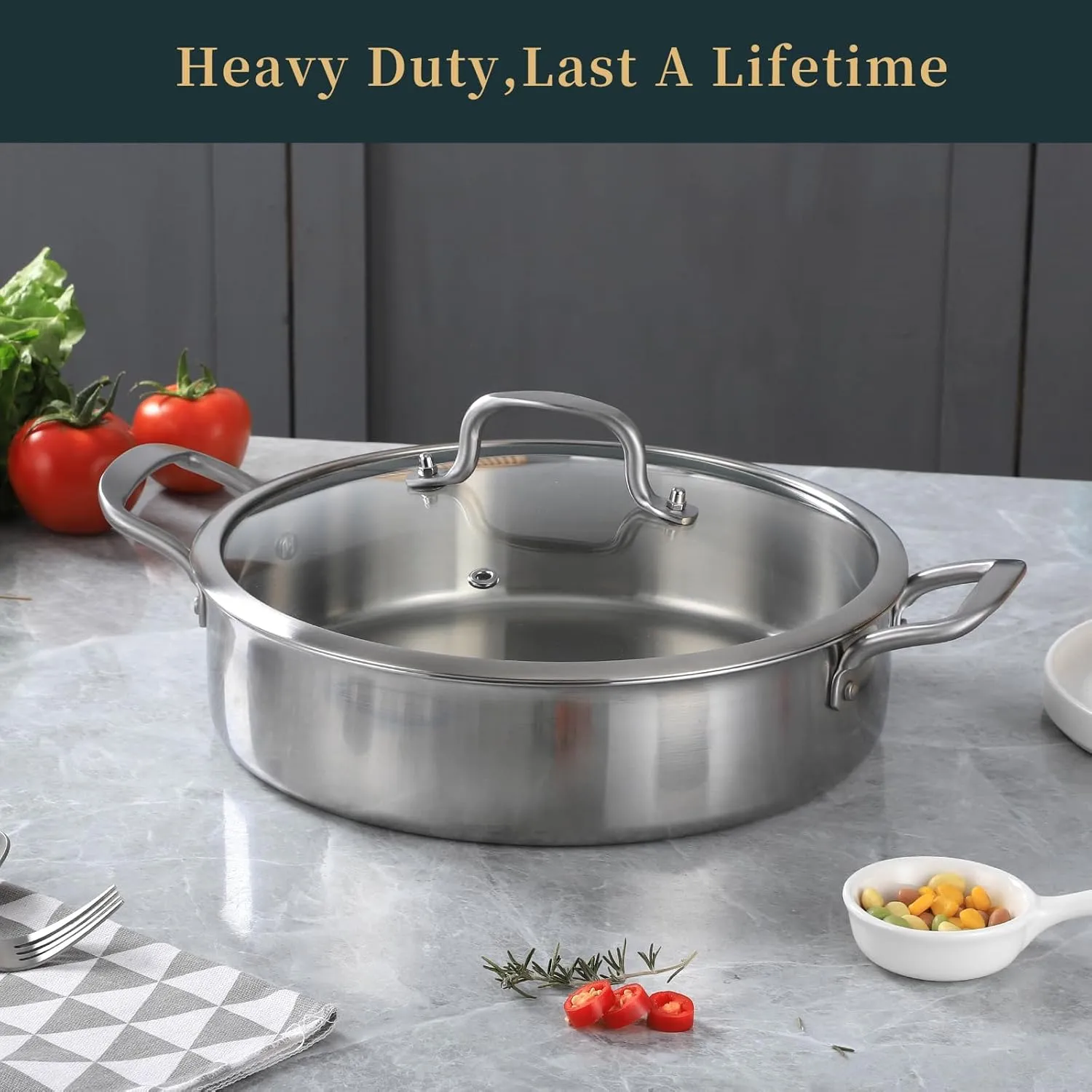 5QT Saute Pan with Lid, 3-Ply Frying pan with Lid large skillet with lid, 12inch Deep Fry Pan, Healthy 18/10 Frying Pan Stainless Steel, Oven & Dishwasher Safe