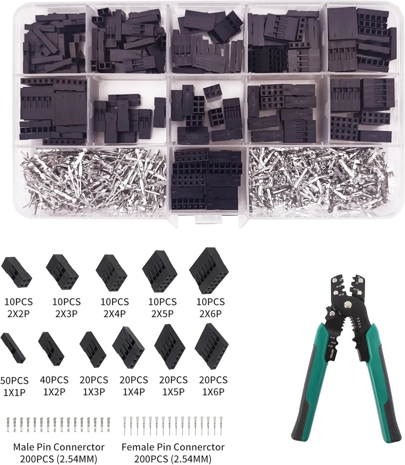620Pcs Dupont Connector Kit With Crimping Pliers Crimper JST Connector Kit Crimp Tool Terminal Ferrule Crimper Wire Hand Tool Set Male Female Spade Connectors Terminals Connector Set