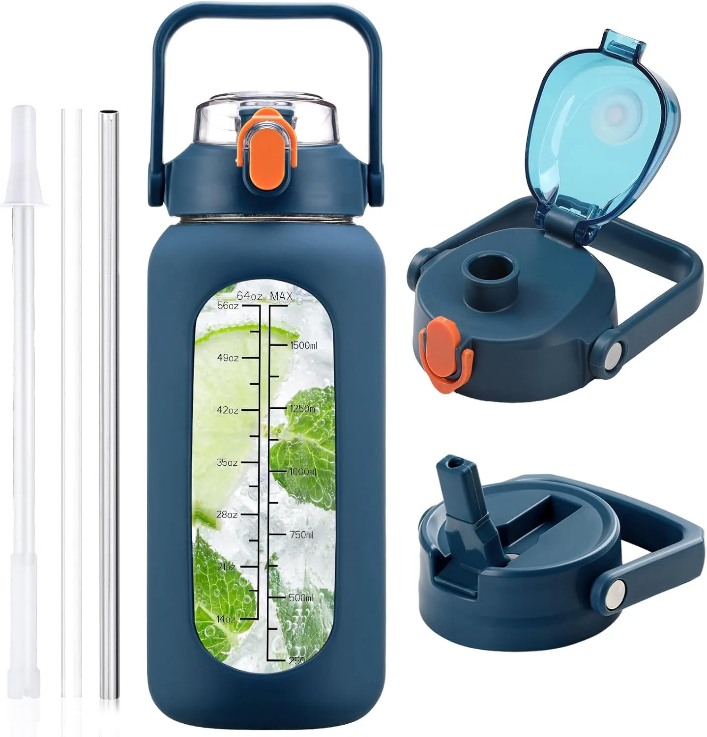 64 oz Glass Water Bottle with Straw and 2 Lids, Half Gallon Water Bottle with Sleeve, Large Insulated 2 Liter Glass Water Jug Time Marker with Handle