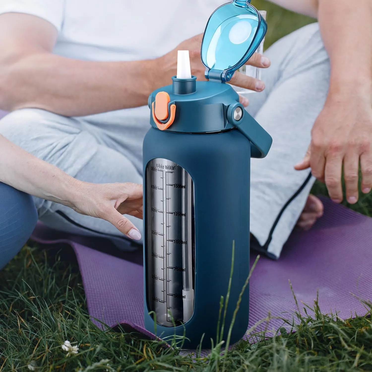 64 oz Glass Water Bottle with Straw and 2 Lids, Half Gallon Water Bottle with Sleeve, Large Insulated 2 Liter Glass Water Jug Time Marker with Handle