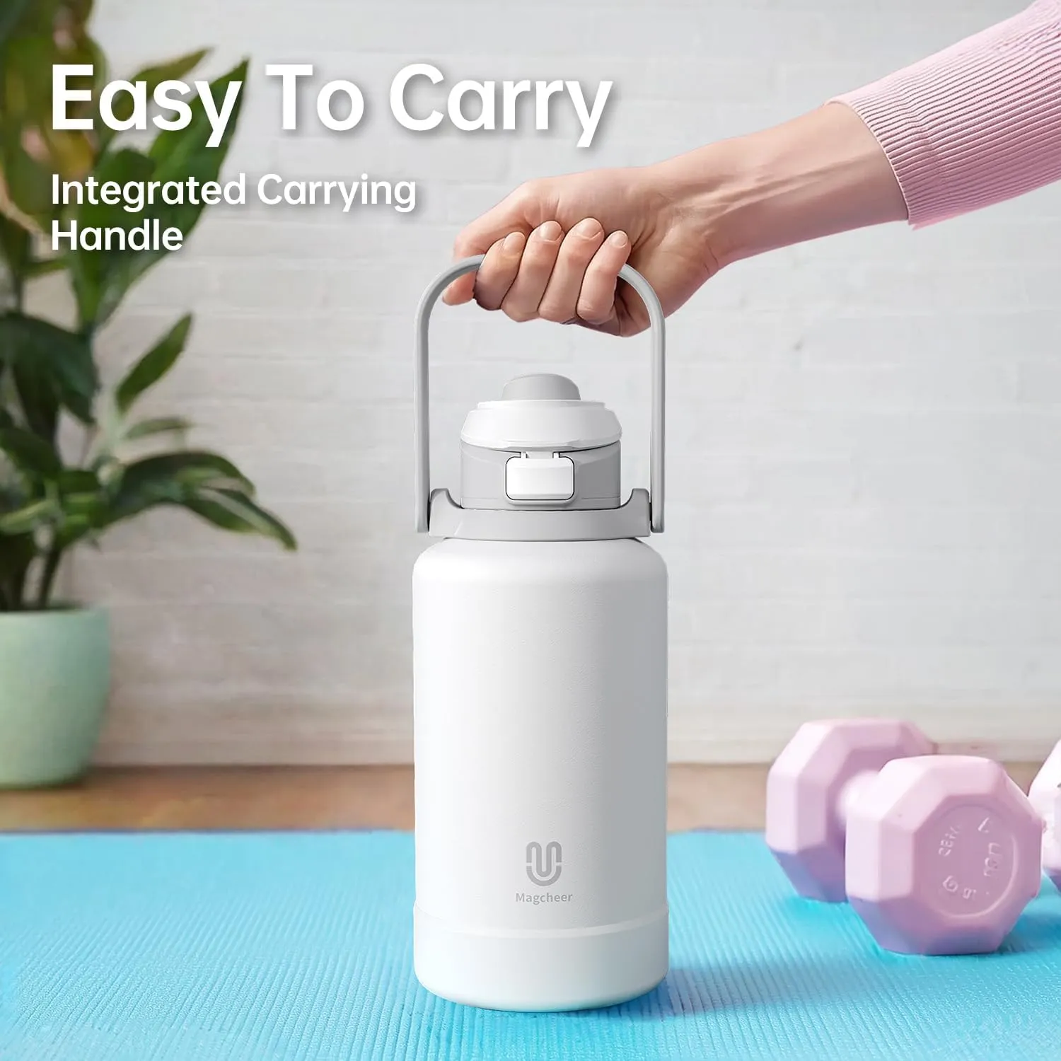 64oz Insulated Magnetic Water Bottle - Stainless Steel Vacuum Flask with MagSafe Compatible Phone Holder Keeps Drinks Cold for 24 Hours Water Jug for Gym and Outdoor Activities（White)