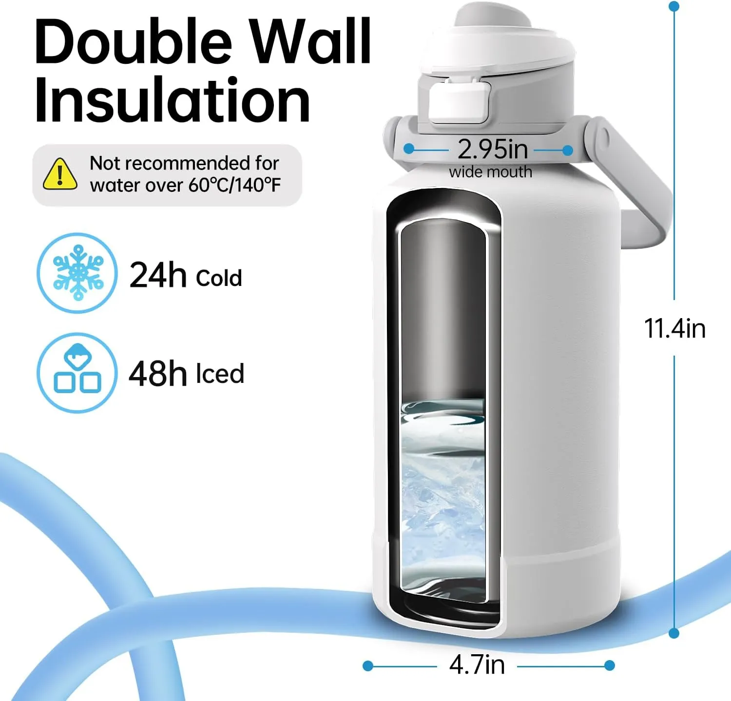 64oz Insulated Magnetic Water Bottle - Stainless Steel Vacuum Flask with MagSafe Compatible Phone Holder Keeps Drinks Cold for 24 Hours Water Jug for Gym and Outdoor Activities（White)