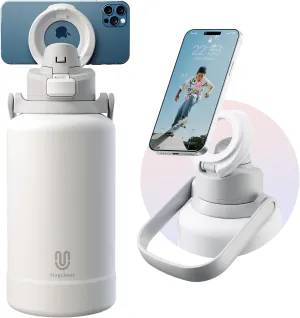 64oz Insulated Magnetic Water Bottle - Stainless Steel Vacuum Flask with MagSafe Compatible Phone Holder Keeps Drinks Cold for 24 Hours Water Jug for Gym and Outdoor Activities（White)