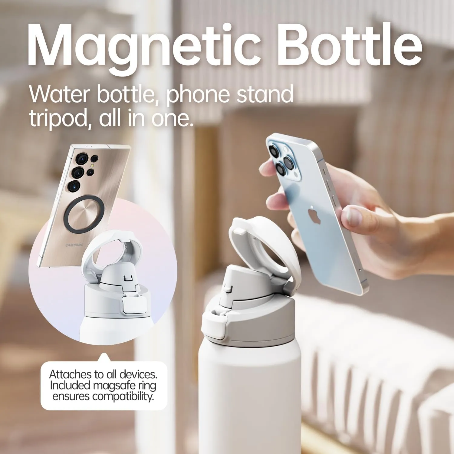 64oz Insulated Magnetic Water Bottle - Stainless Steel Vacuum Flask with MagSafe Compatible Phone Holder Keeps Drinks Cold for 24 Hours Water Jug for Gym and Outdoor Activities（White)