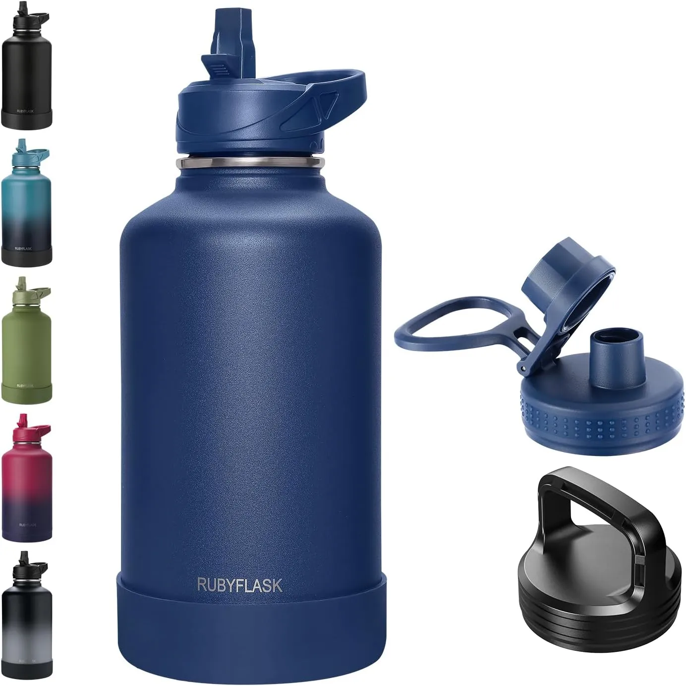 64oz Insulated Water Bottle with Straw, Half Gallon Stainless Steel Vacuum Water Jug, Large Thermos Water Bottle Flask with Leakproof 3 Lids for Travel, Camping, Gym Sports Navy