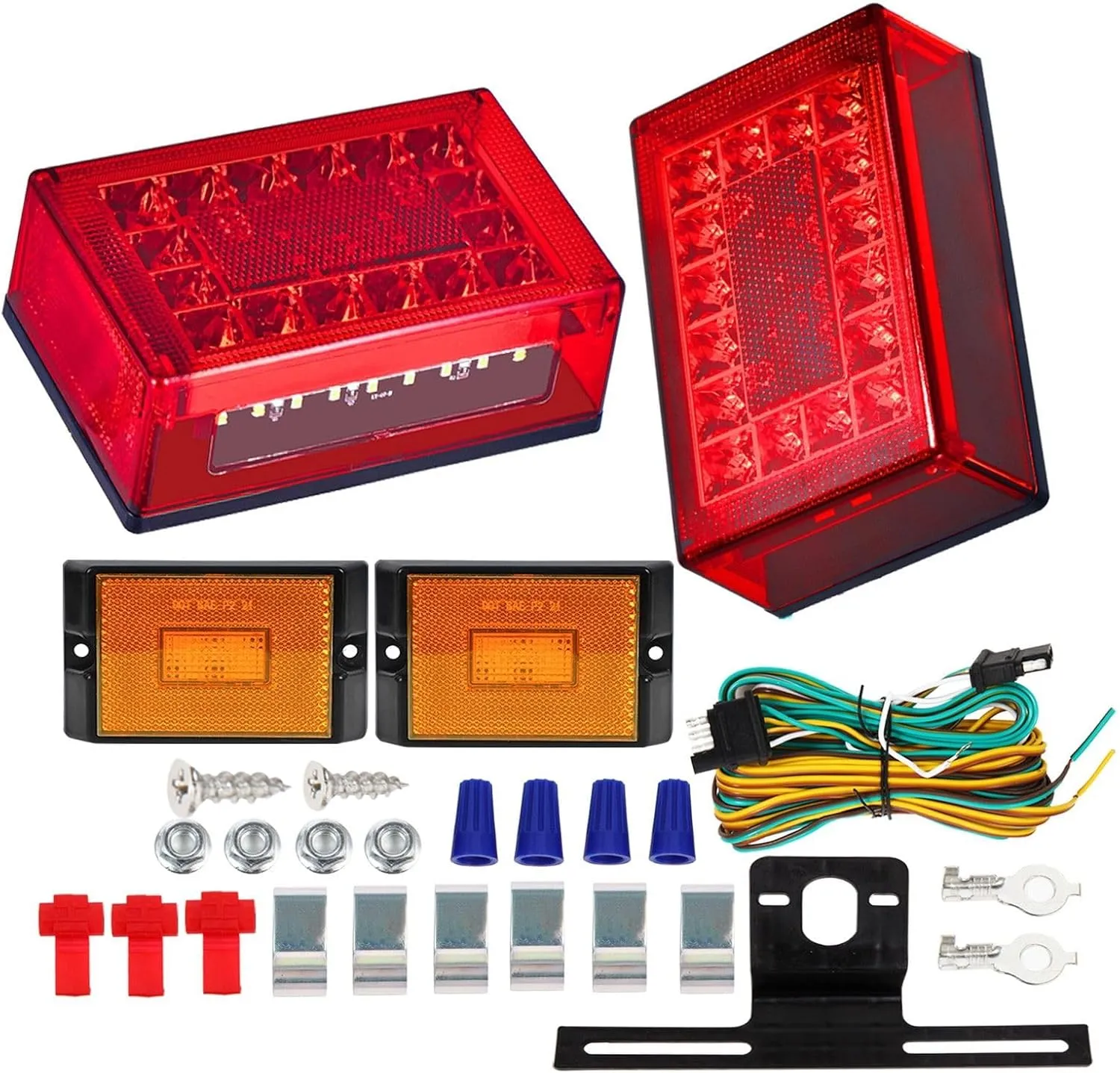 6inch Boat Trailer Lights LED Kit, Submersible Trailer Light Rectangular Stop Turn Tail License Plate Boat Trailer Light kit w/Amber Marker Lights, 25ft Wiring Harness