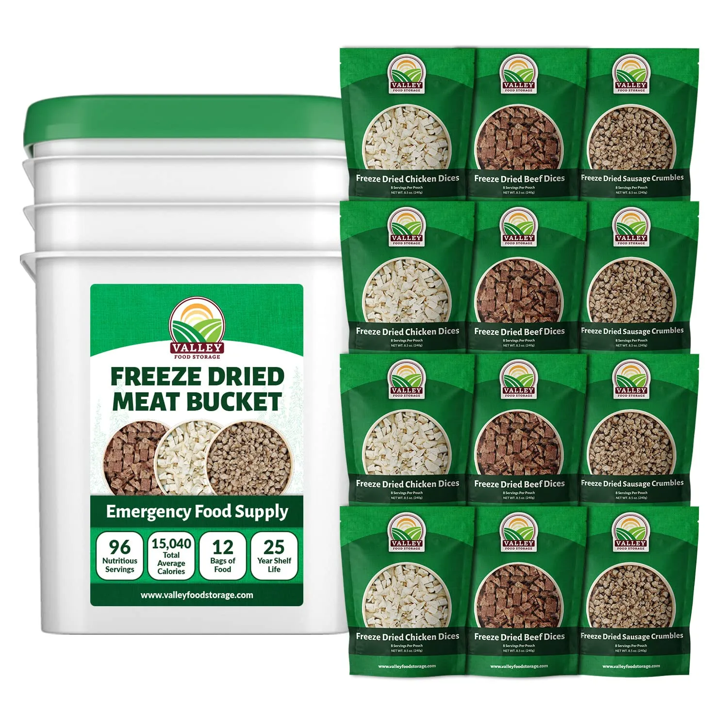 92 Serving Freeze Dried Meat Bucket | Premium Emergency Food Supply Contains 1,352g Protein | Survival Food 25 Year Shelf Life | Backpacking Meals, Prepper Supplies | Valley Food Storage