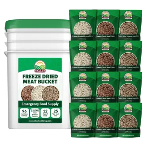 92 Serving Freeze Dried Meat Bucket | Premium Emergency Food Supply Contains 1,352g Protein | Survival Food 25 Year Shelf Life | Backpacking Meals, Prepper Supplies | Valley Food Storage
