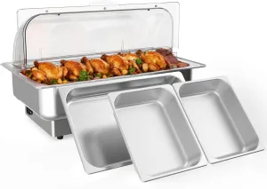 9QT Electric Chafing Dish Set for Buffet with Temperature Control, Roll Top Stainless Steel Buffet Servers and Warmers with 1 Full-Size Pan & 2 Half-Size Pan for Catering and Parties