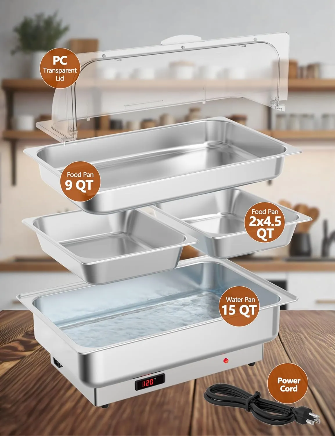 9QT Electric Chafing Dish Set for Buffet with Temperature Control, Roll Top Stainless Steel Buffet Servers and Warmers with 1 Full-Size Pan & 2 Half-Size Pan for Catering and Parties