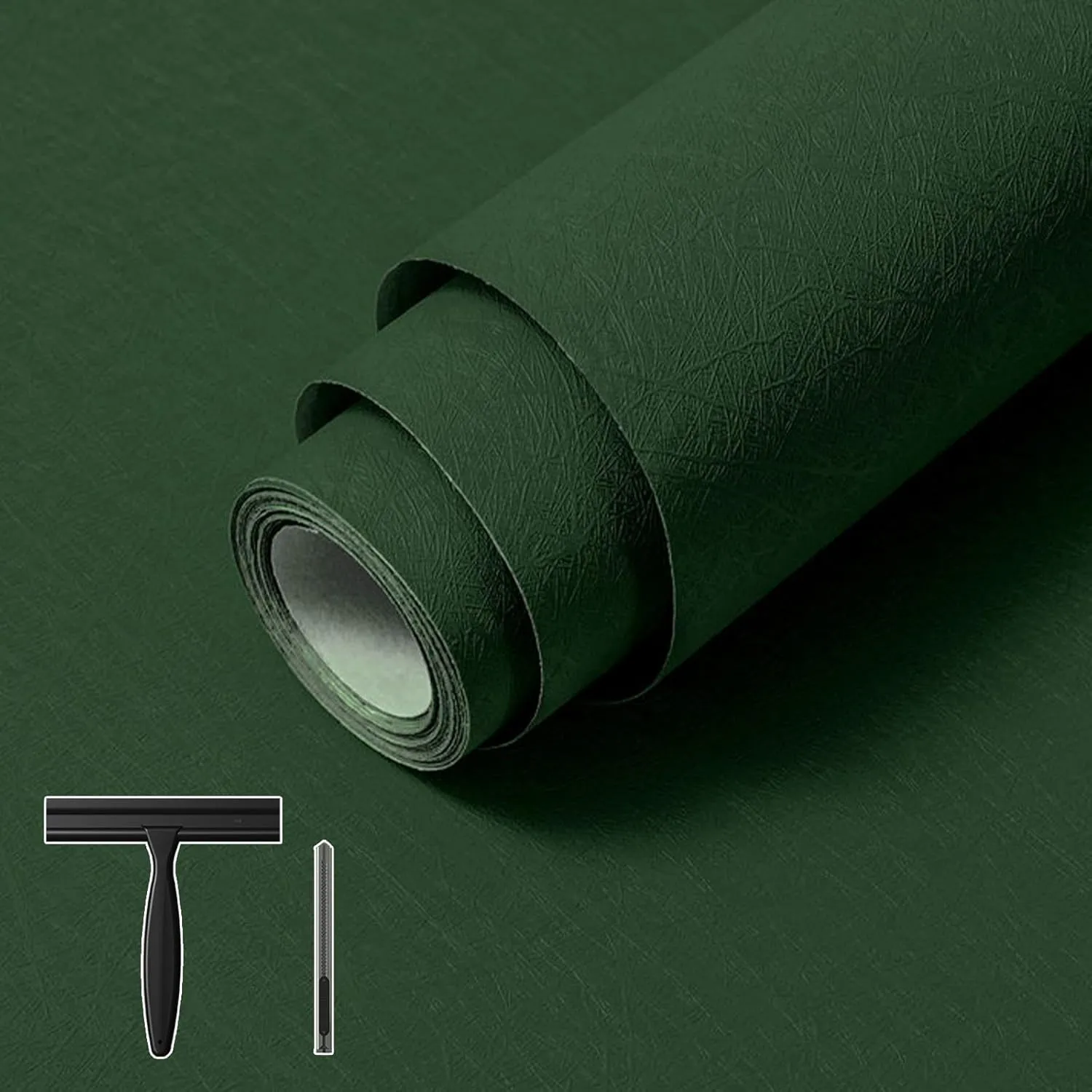 Abyssaly Green Wallpaper Peel and Stick 15.7" x 196.8" Silk Embossed Green Contact Paper for Cabinets Removable Self Adhesive Textured Wallpaper Covering for Bedroom with Scraper, Paper Cutter